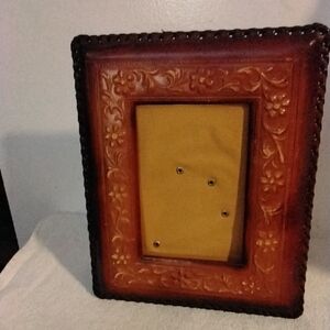Vintage Brown Tooled Leather Picture Frame With Laced Edge  Picture Frame